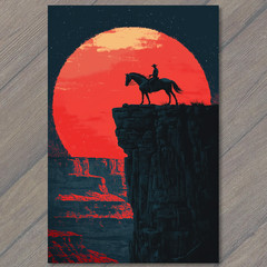 STICKER Cowboy Horse Cliff Red Moon Western Desert Silhouette Night Stars