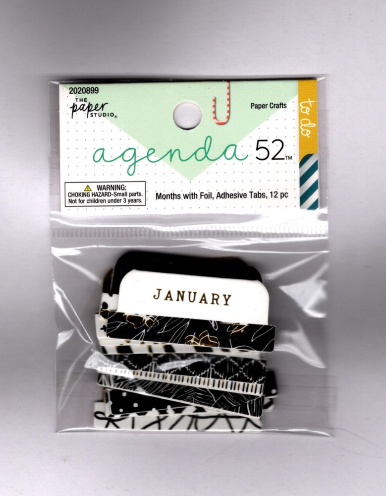 Paper Studio BLACK/WHITE MONTHLY FOILED ADHESIVE CARDSTOCK TABS (12pk)