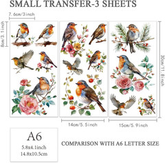 3pcs/Set Bird Rub on Transfers for Furniture and Crafts 6×12 inch Robin Decor Tr