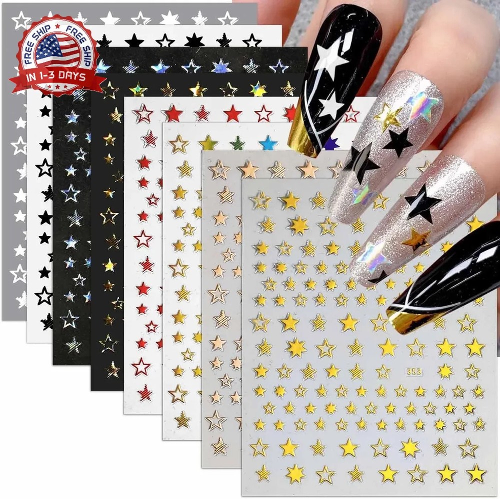 12 Sheets Star Nail Stickers,8 Colors Self-Adhesive 4th of July Nails Decals,Ind