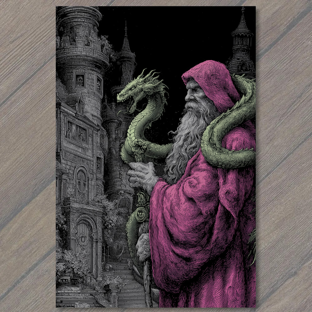 STICKER Wizard Pink Cloak Green Dragon Castle Tower Dark Fantasy Magic Night