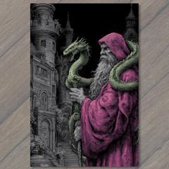 STICKER Wizard Pink Cloak Green Dragon Castle Tower Dark Fantasy Magic Night