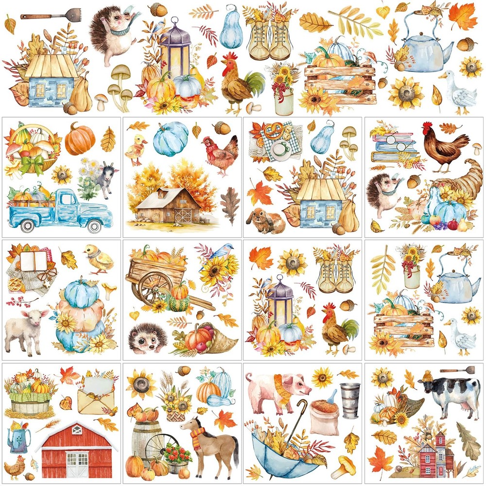Whaline Fall Rub on Transfers 12 Sheets Autumn Pumpkin Farm Animal 5.9×5.9 Inch