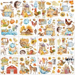 Whaline Fall Rub on Transfers 12 Sheets Autumn Pumpkin Farm Animal 5.9×5.9 Inch