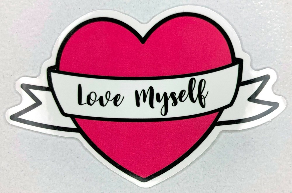 Pink Heart Sticker «Love Myself» Banner Decal Glossy Small Valentines Day Self
