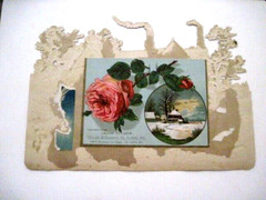Gorgeous Large 1800’s Die Cut -Charming House, Dogs, Horses, Carriage & People *