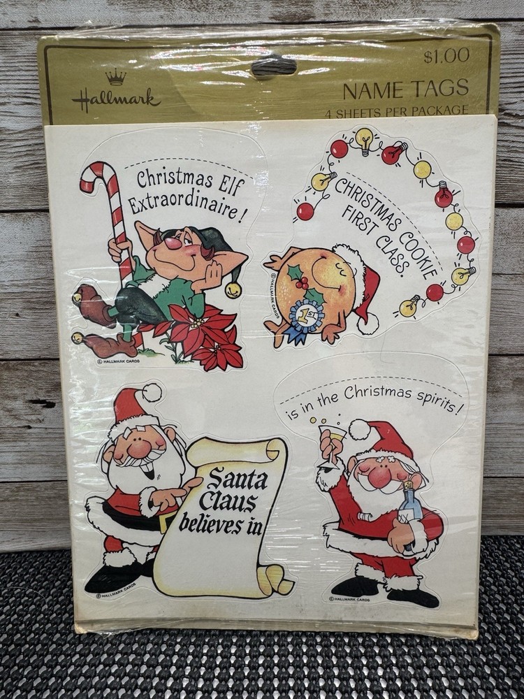 VTG 1981 Hallmark Christmas Name Tag Stickers New Sealed Pack Elf Santa 4 Sheets