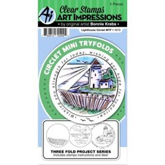New ART IMPRESSIONS RUBBER STAMP MINI TryFolds + DIE CIRCLET LIGHTHOUSE