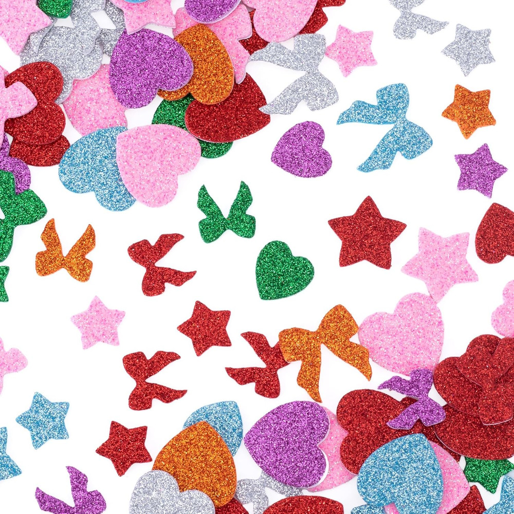 150PCS Glitter Foam Heart Stickers, Colorful Bow Heart Star Glitter Foam Sticker