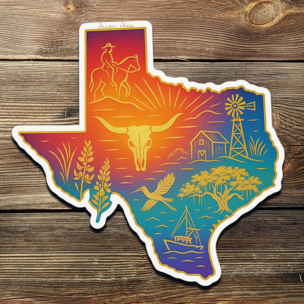 Texas Gold Foil Sticker – Cowboy, Longhorn Skull, Hummingbird & State Icons