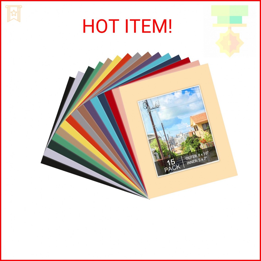 Prudiut 15 Pack 8×10 Picture Mats, Mixed Colors Frame Mattes for 5×7 Pictures Ph