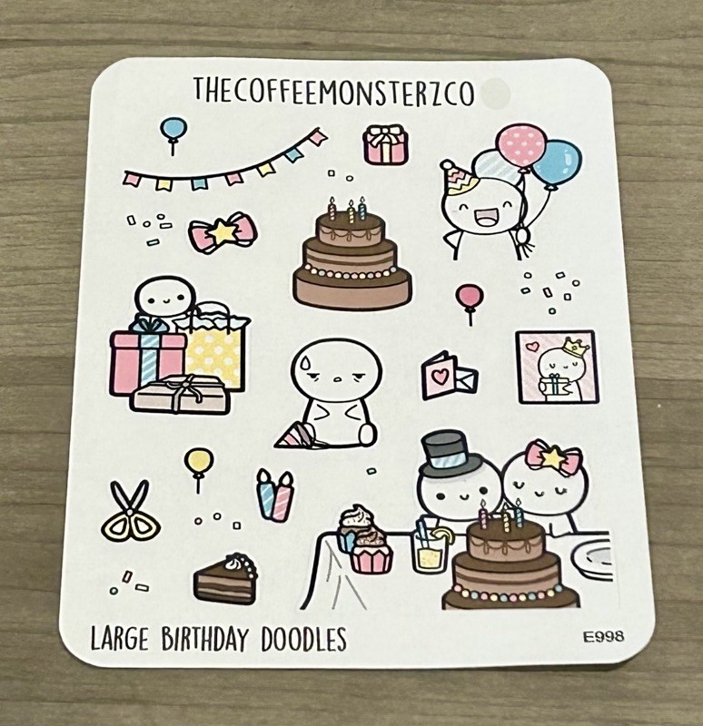 NEW TheCoffeeMonsterzCo Large Birthday Doodles Sticker Sheet TCMC Stickers