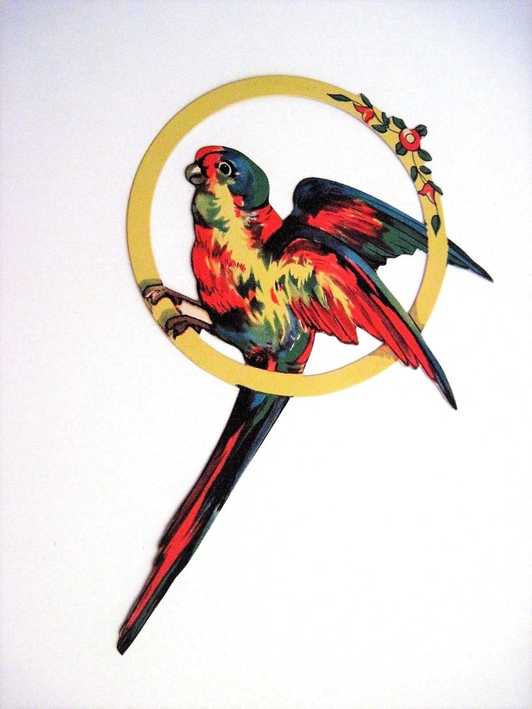 Large Vintage Die Cut of Gorgeous Colorful Parrot Sitting On Gold Ring *