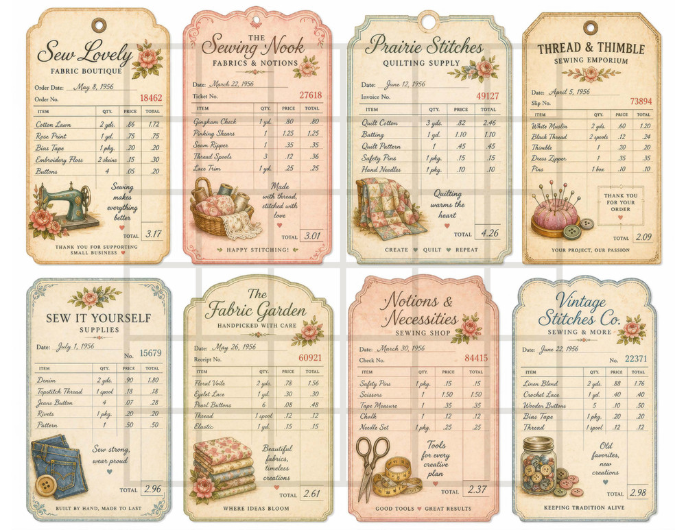1 Pg Sewing Tickets For Card Toppers Junk Journal Supplies Scrapbook Ephemera