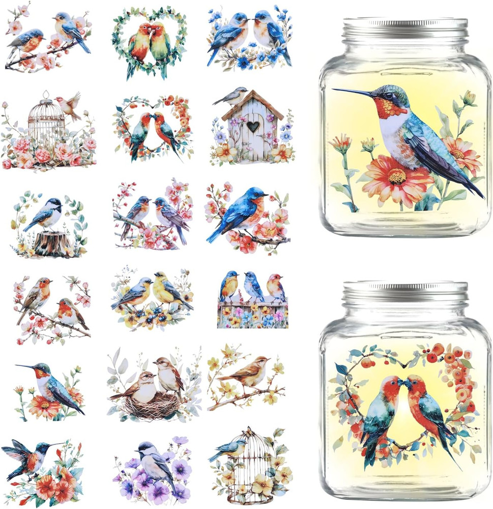 18 Sheets Flowers and Bird Transfer Stickers 3.9×3.6inch Hummingbird Branch Deca
