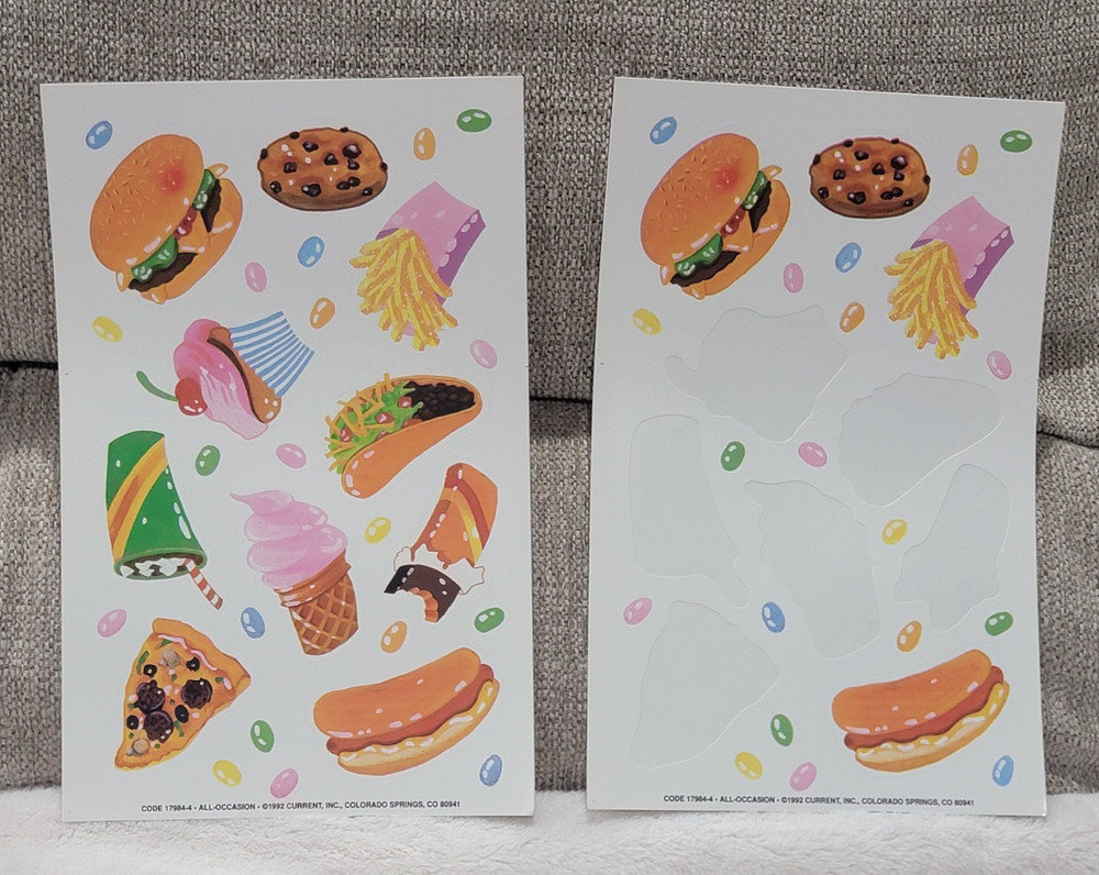 Vintage Current Inc. «All Occasion» 1992 Sticker Sheet Food Pizza Burger Cookie