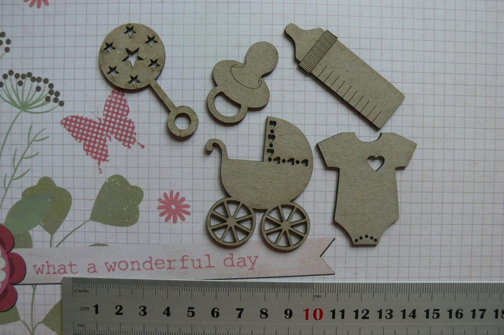 CHIPBOARD DieCut BABY PRAM, RATTLE, DUMMY, BOTTLE – 1 Style Choice Scrap FX B