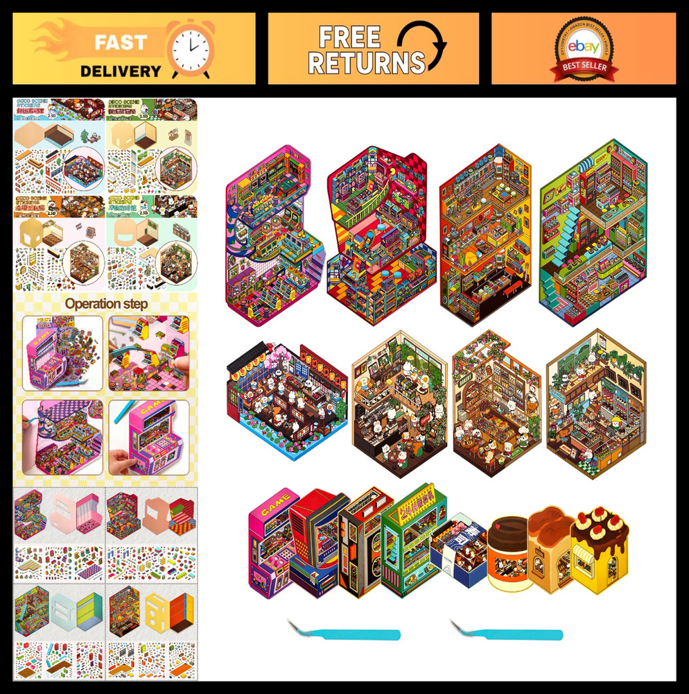 8 Sets Big Foldable 3D House Stickers – Fun DIY Decor for Kids & Adults, Stress