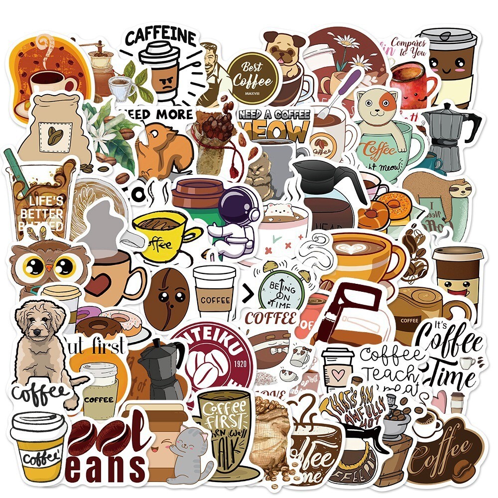 50pcs Coffee Stickers,Waterproof No Residue, 168