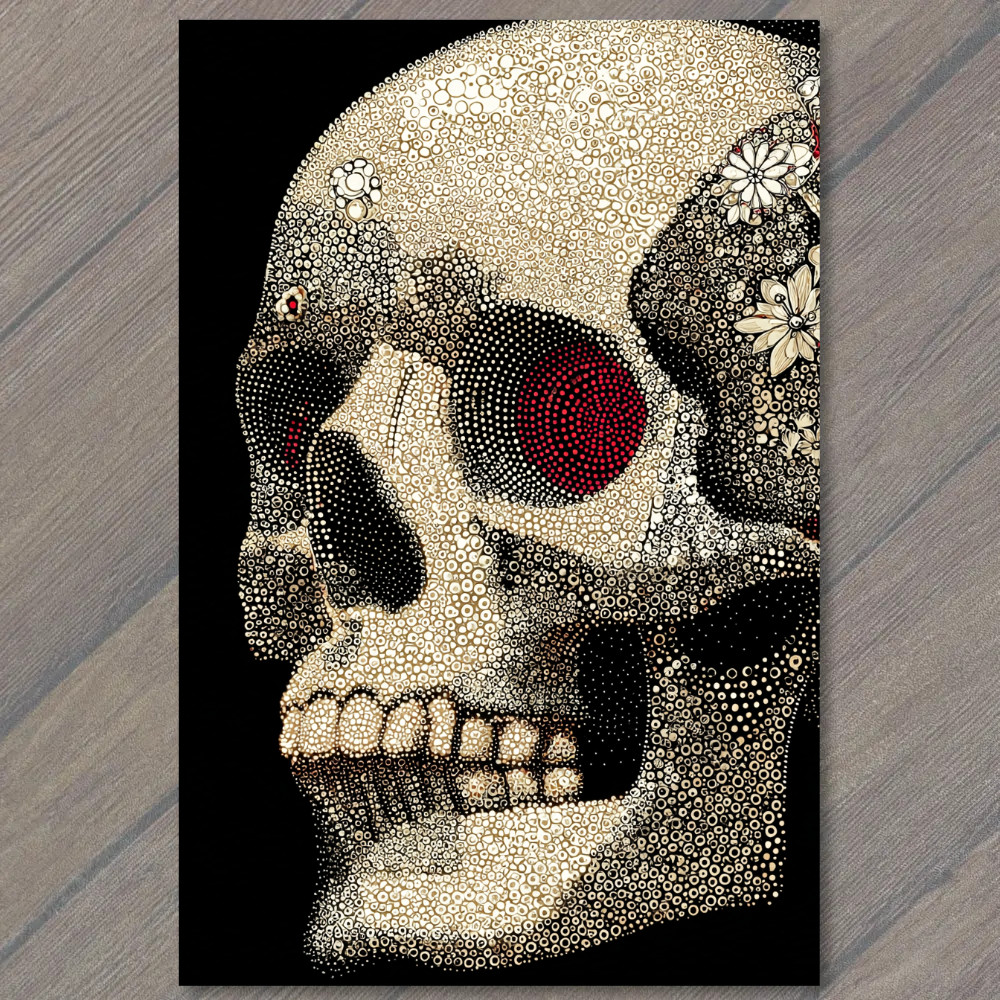 STICKER Dot Skull Floral Detail Red Eye Black Background Surreal Pattern
