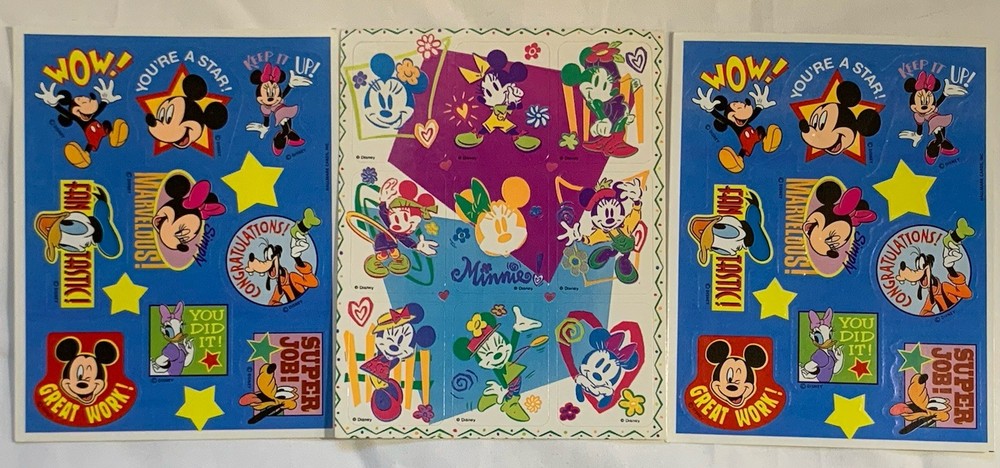 3 Sheets VINTAGE Disney Stickers Mickey & Minnie Donald Pluto + BONUS