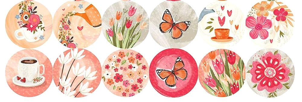 12 BIG 1 1/2″ COLORFUL ROUND FLORAL STICKERS SEALS USA MADE #60 Butterfly Teacup