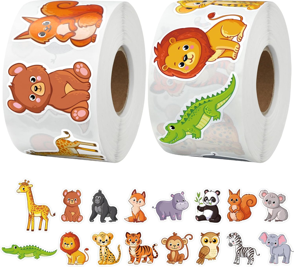 1200 Pcs Safari Animal Stickers Roll 1.5″ Cartoon Jungle Animal Sticker Labels 1