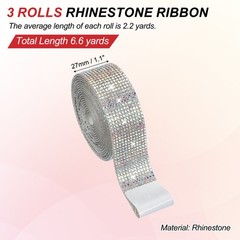 3 Rolls 6.6 Yards 1.1 Inch Crystal Rhinestones Ribbon for Crafts AB Color
