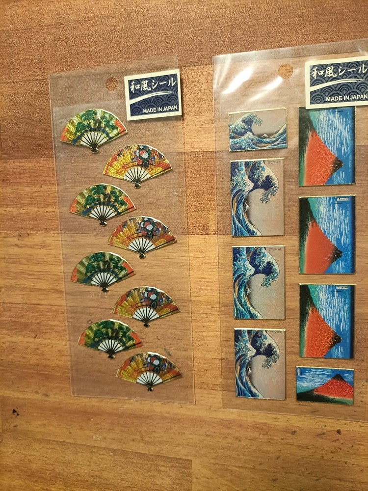 Japanese Sticker Set 2 Sheets Mt Fuji Wave Fan Traditional Art Made in Japan