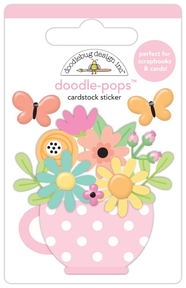 Doodlebug Stickers Doodle-Pop 3D Cup of Cheer Pink White Polka Dot Mug Flowers