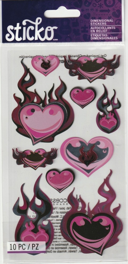 NEW! Sticko MY HEART’S ON FIRE Goth 3-D Metallic stickers 78287 Fast FREE ship!
