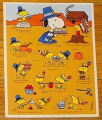 VINTAGE HALLMARK PEANUTS SNOOPY~WOODSTOCK THANKSGIVING PILGRIM & INDIAN STICKERS