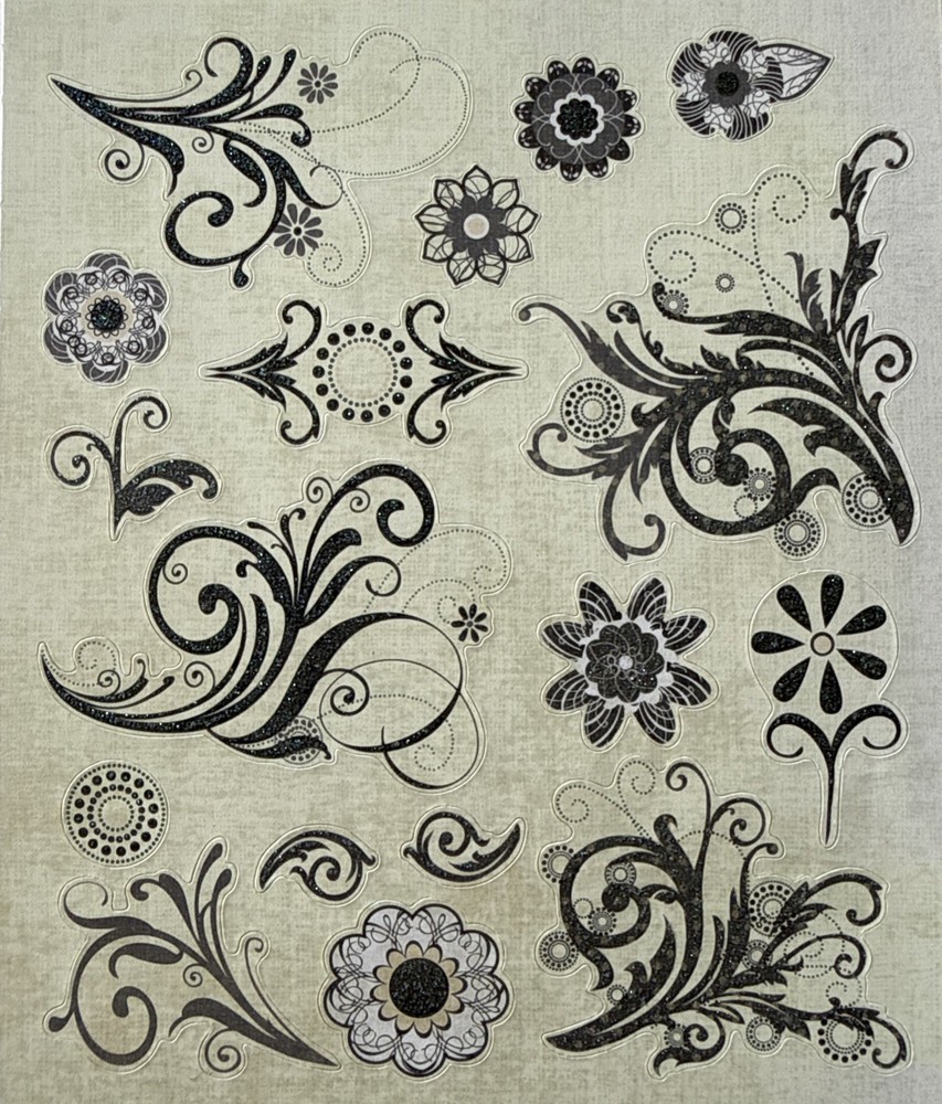 FLORAL SWIRL Glitter Stickers (17pc)Garden•Blooming•Leaves •Circles•Card Making•