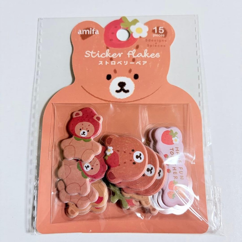 Cute Strawberry Bear Flake Stickers 15 Pieces Kawaii Japanese Sheet
