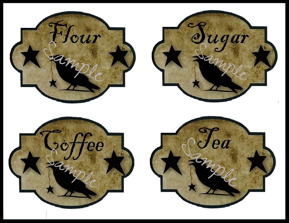 Primitive Canister Labels Pantry Crow Star Grungy Stickers 8 Total Sugar Coffee