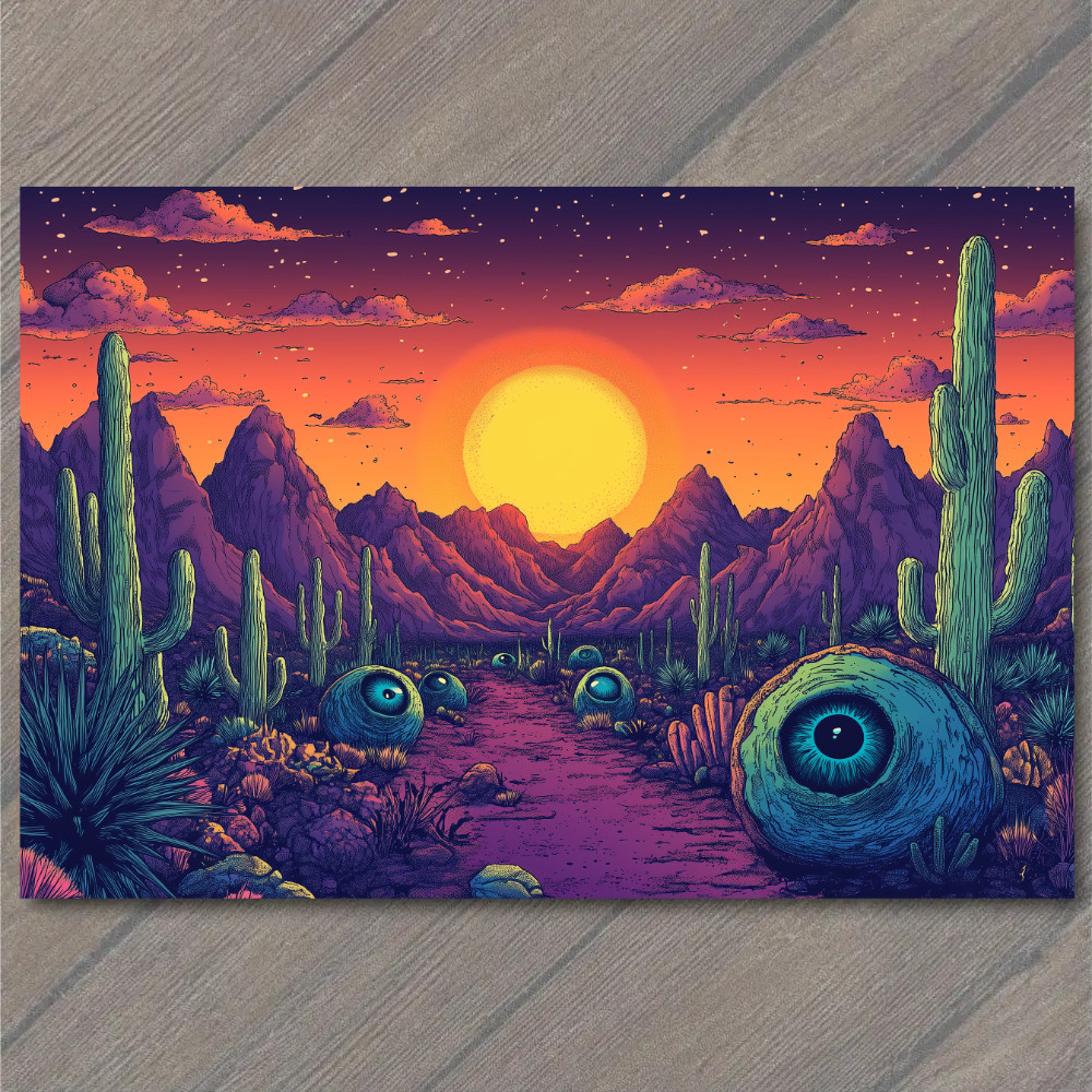 STICKER Bright Desert Surreal Sunset Cactus Blooming Plants Floating Eyes