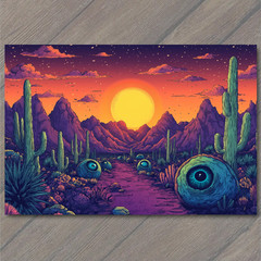 STICKER Bright Desert Surreal Sunset Cactus Blooming Plants Floating Eyes