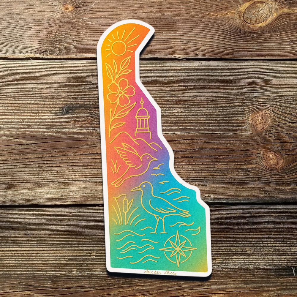 Delaware Sticker – Rainbow Gradient State Art with Gold Foil Birds & Flowers