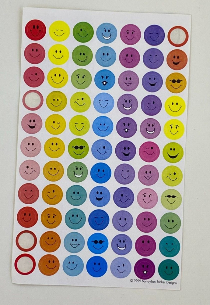 Sandylion Smiley Face Stickers 1 Sheet 1999 Kromekote Partial Bright Colors
