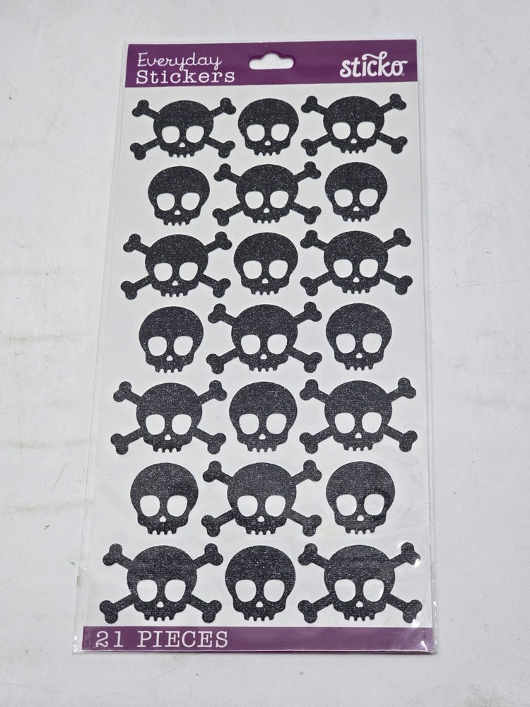 Black Glitter Skull Stickers Crossbones Scrapbooking Craft Lot NEW 21 PCS Sticko