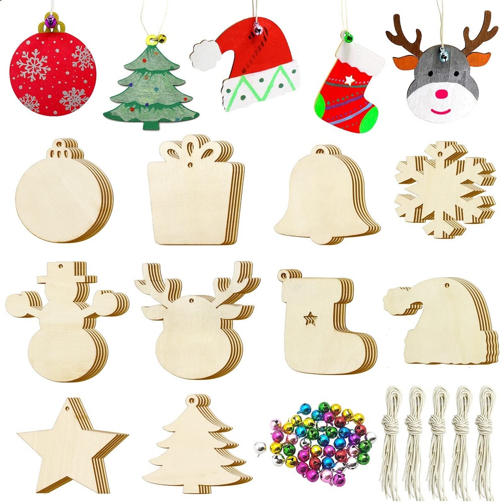 Pseutio 50 PCS Unfinished Wooden Christmas Ornaments DIY Christmas Wooden Sli…