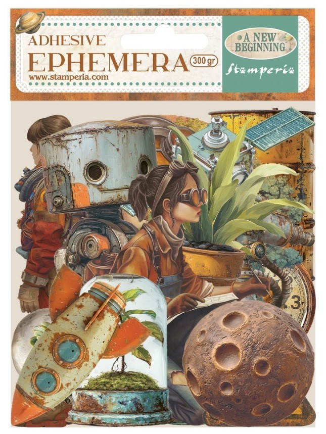 Stamperia A NEW BEGINNING Adhesive Ephemera Space Robot 40pc DFLCT77