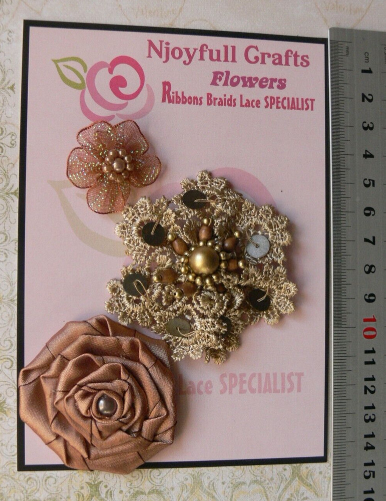 LIGHT BROWN 3 Flower Mix Organza Lace & Satin 30-60mm Handmade NJC HMI-1