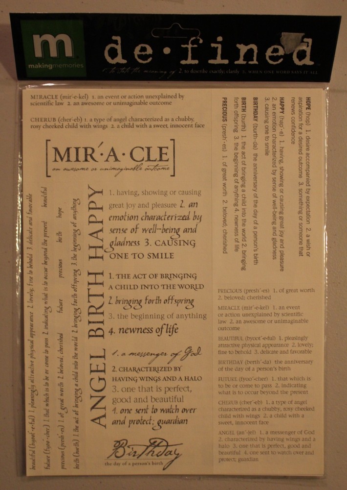New Making Memories Defined Miracle Birth words & phrases scrapbook stickers