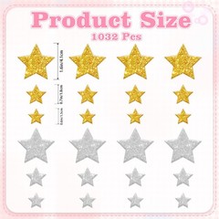 1032Pcs Foam Stickers Glitter Star Sticker Gold Silver Stars