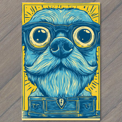 STICKER Blue Dog Glasses Dapper Funny Canine Portrait Cartoon Puppy Cute