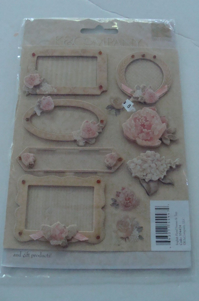 NEW SEALED K & Company English Floral Frames Tags Dimensional 7 Stickers – 55447
