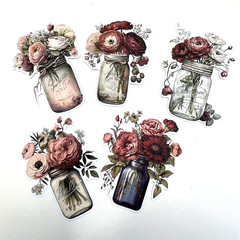 Dark Pink Peonies Mason Jar Stickers Collage Junk Journal Scrapbooking Cards