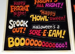 VTG HALLOWEEN STICKER 2 SHEETS BLACK ORANGE BOO SCARY HORROR MONSTER GHOST DECAL