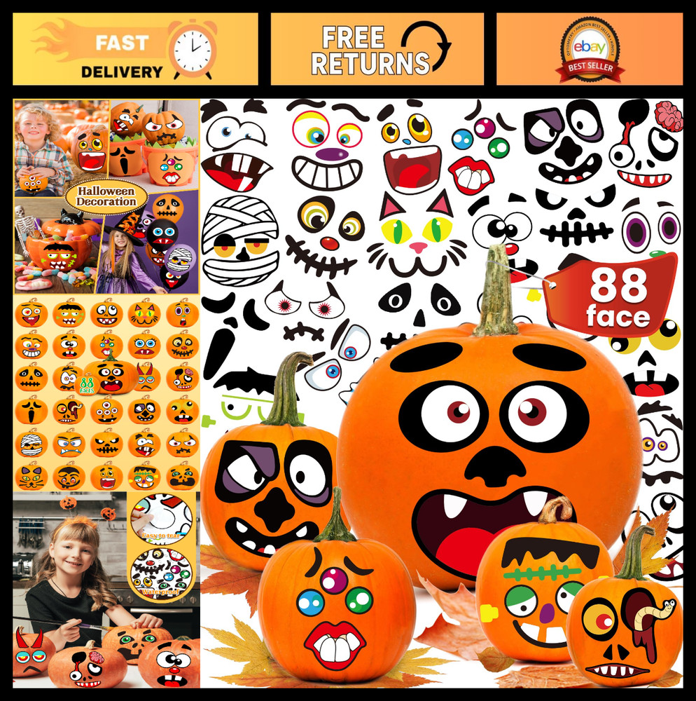 Halloween Pumpkin Stickers – 88 Funny Face Decorating Kit for Kids’ Crafts & Par